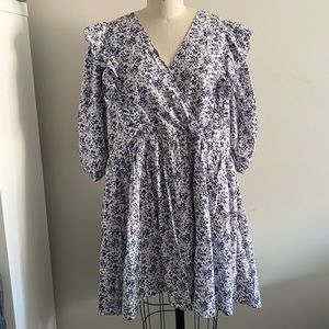 H&M Cotton Blue Printed Ruffle Mini Dress
